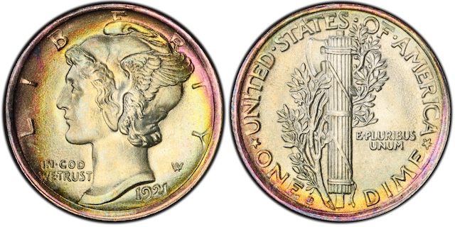 1921 Mercury Dime obverse and reverse showing Liberty with winged cap and fasces design