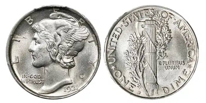 1921 Mercury Dime reverse comparison: non-Full Bands (flat merged bands) vs Full Bands (fully separated central horizontal bands on fasces)