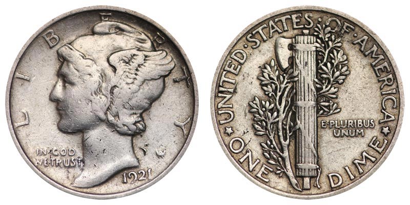 1921-D Mercury Dime repunched mint mark (RPM) showing secondary D impression beneath the primary mintmark
