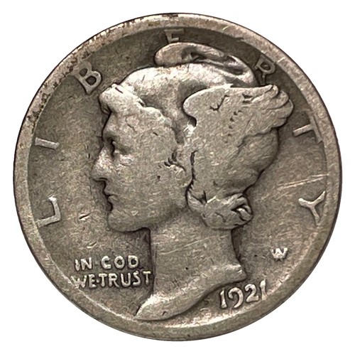 1921 Mercury Dime die crack error showing a raised line running across Liberty's portrait on the obverse