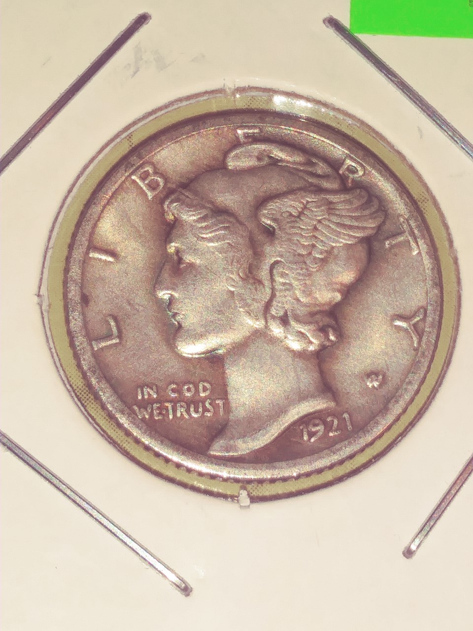 1921 Mercury Dime lamination error showing peeling surface metal on the obverse planchet