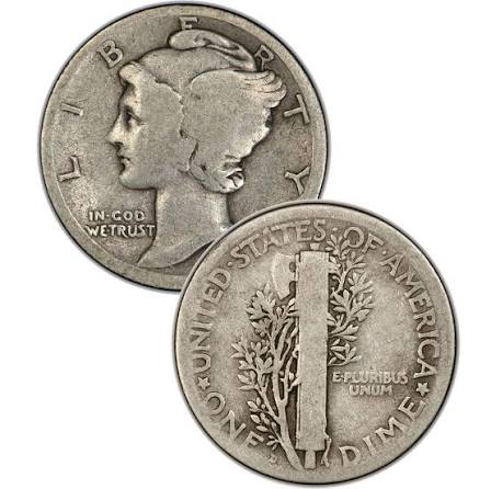 1921 Mercury Dime grading strip showing four condition tiers: Good, Very Fine, About Uncirculated, and Mint State